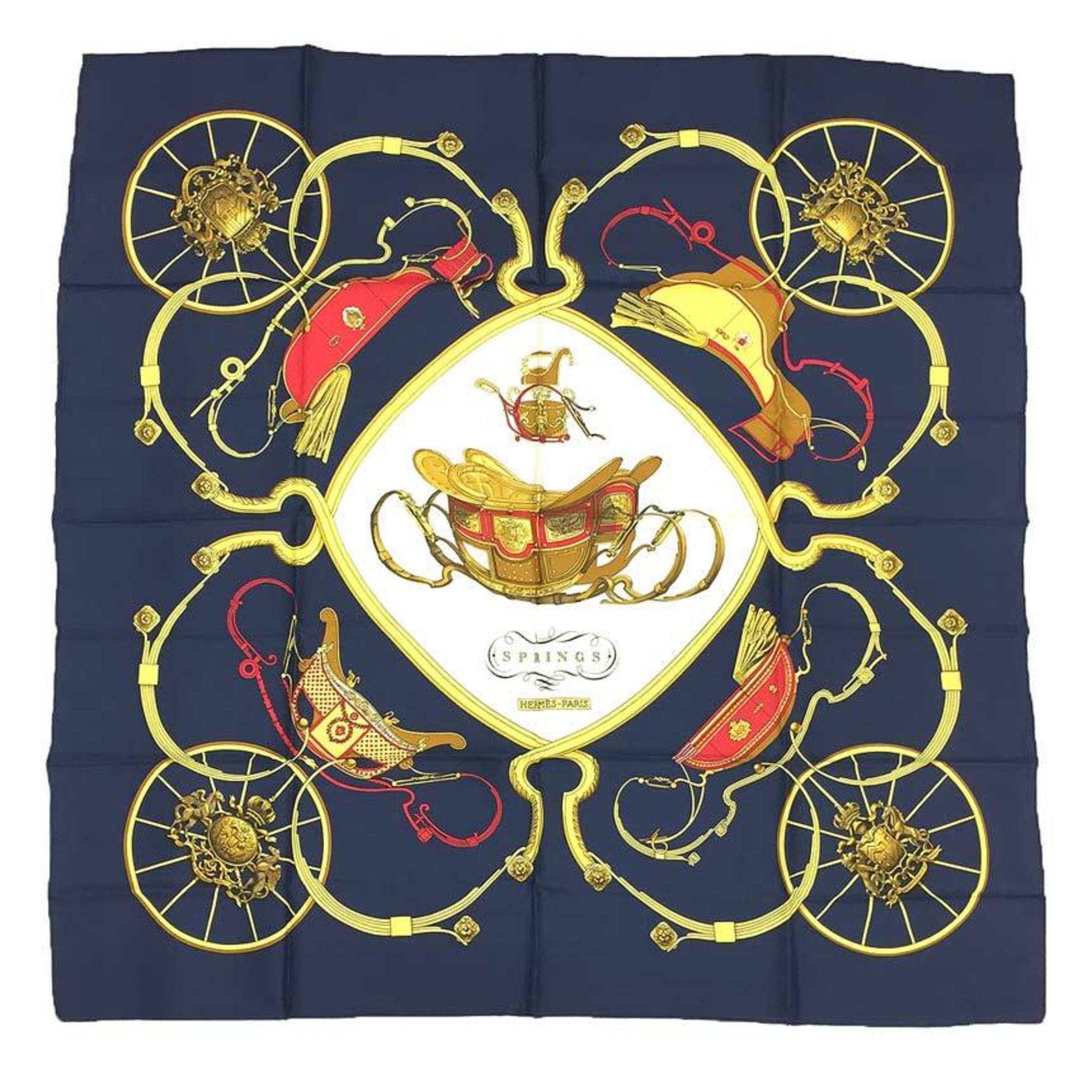 Hermes Carre 90 Scarf Muffler Springs Carriage Pattern Navy 100% Silk